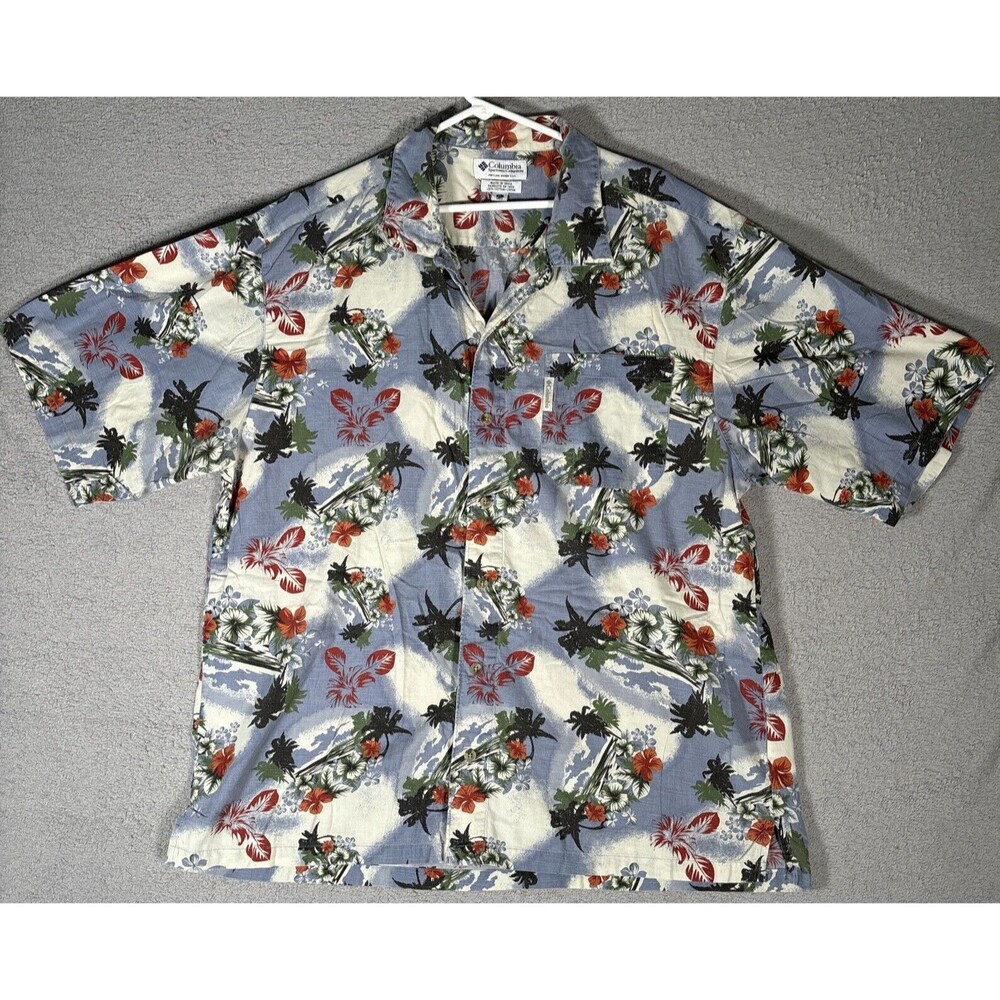 Columbia Hawaiian Shirt Men’s Size XL Beach Palms Blue Green Red Cotton